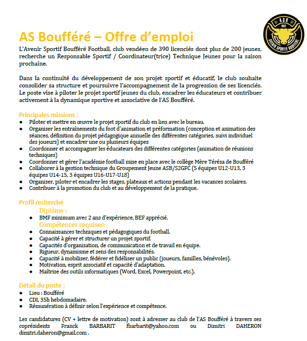 You are currently viewing Le club de Boufféré recherche son salarié.